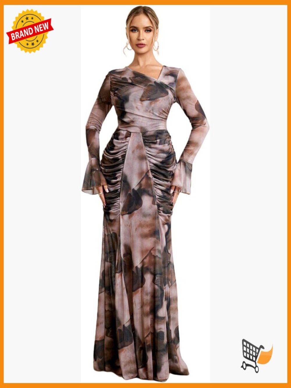 Elegant Mock Neck Mesh Maxi Dress Ruched Evening Gown Long Sleeve Party